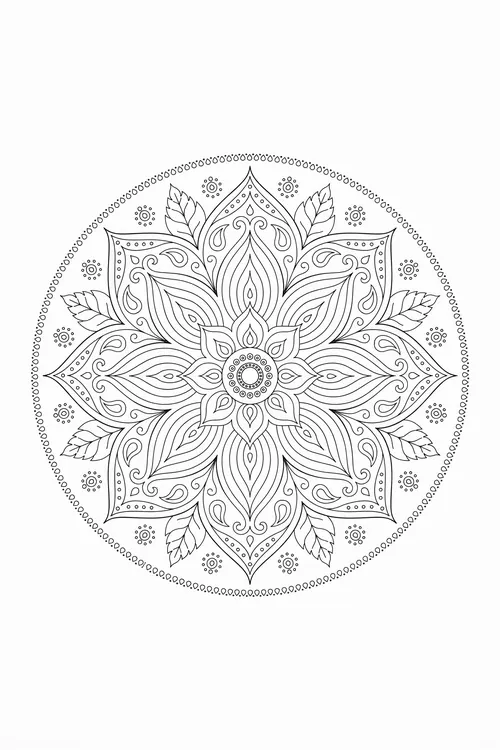 Open Indian lotus mandala with feathered petals, scattered dot florets and leafy sprigs around a dotted floral center.