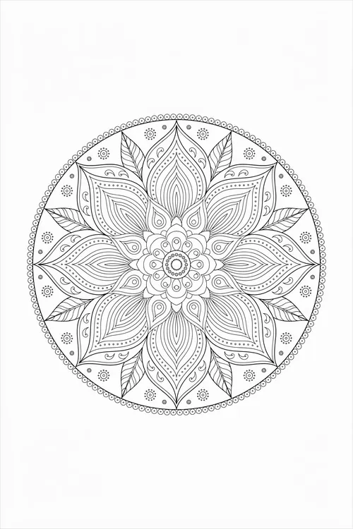 Indian lotus mandala with peacock-feather petals and swirling leaves circling a beaded floral rosette at the center.