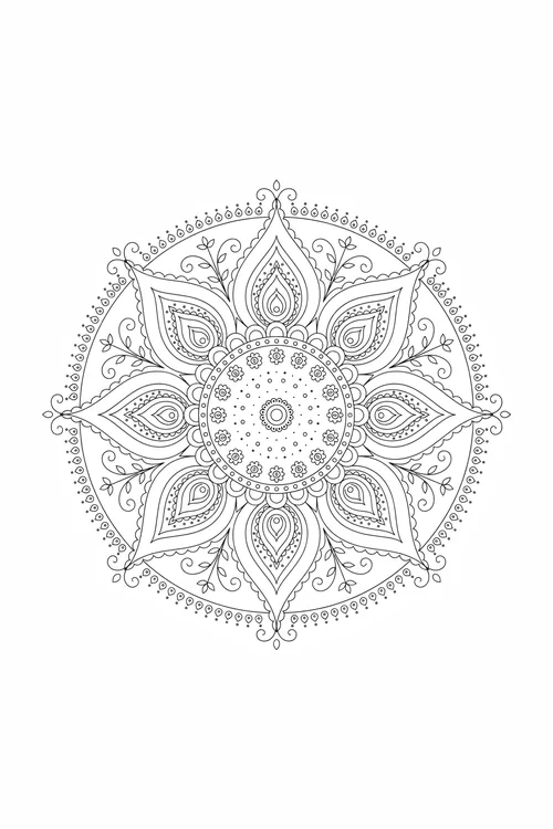 Henna paisley lotus mandala with a dotted floral medallion center, leaf sprigs and a scalloped beaded outer ring.