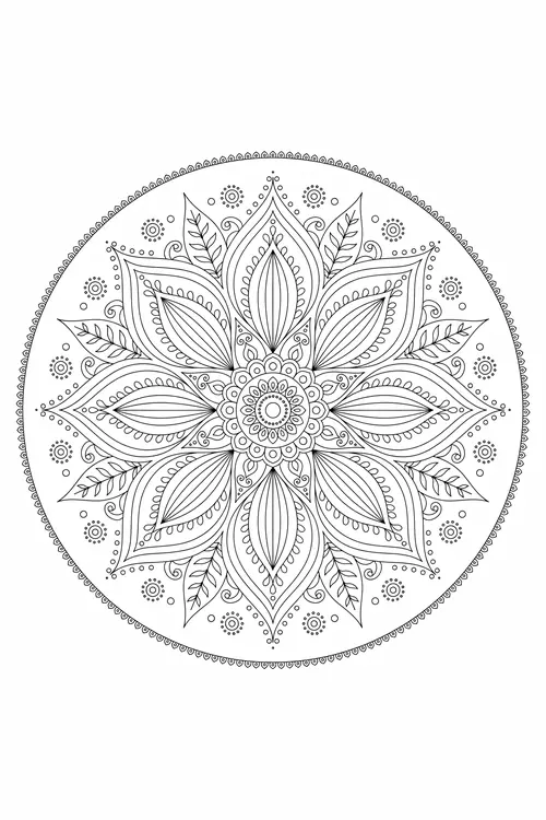 Paisley lotus mandala with lined petals, leaf fronds and dotted florets surrounding an ornate floral rosette center.