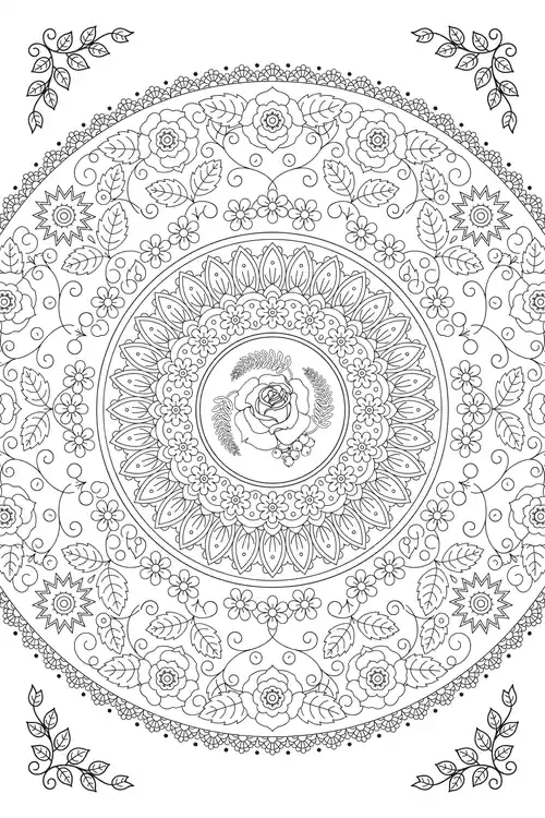 Concentric floral rings with starburst blooms and leaf corner sprigs framing a central rose medallion.