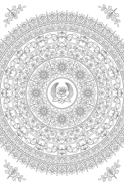 Dense daisy and bud rings with a lace scalloped rim and corner sprigs around a central rose.