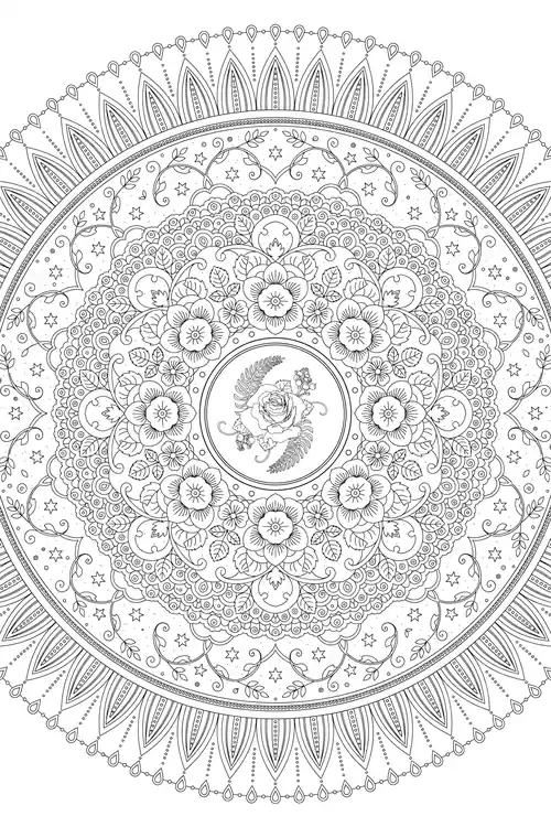 Ringed large blossoms with tiny stars and vines around a central framed rose and feathered petal rim.