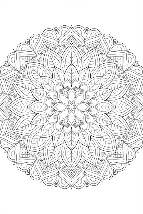 Layered pointed lotus leaves with checker fillers and small flowers radiating from a tiny starburst center.