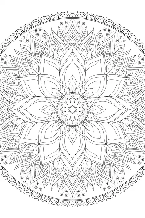 Symmetrical lotus of patterned petals surrounding a round beaded medallion with a central star flower.