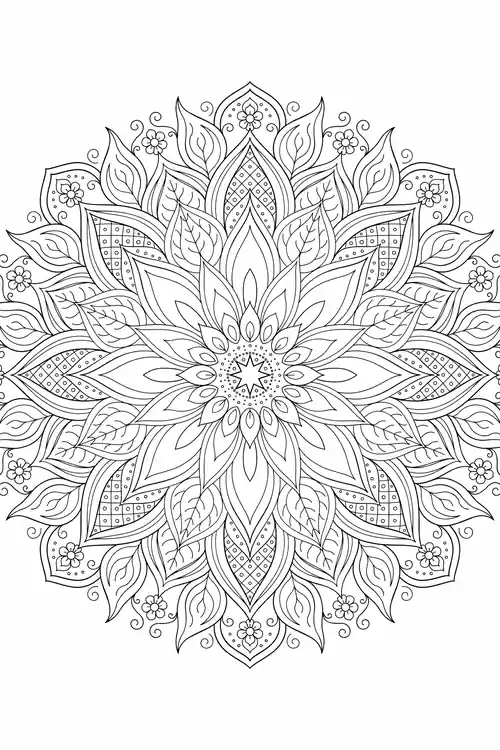 Full-bloom multi-layered lotus with swirl accents and small daisies encircling a dotted star center.