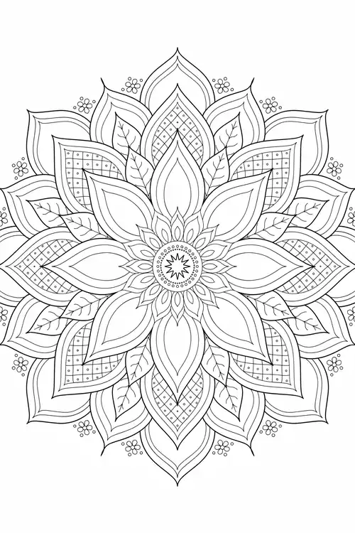 Broad lotus petals filled with dotted grids and veined leaves around a beaded sunburst center.
