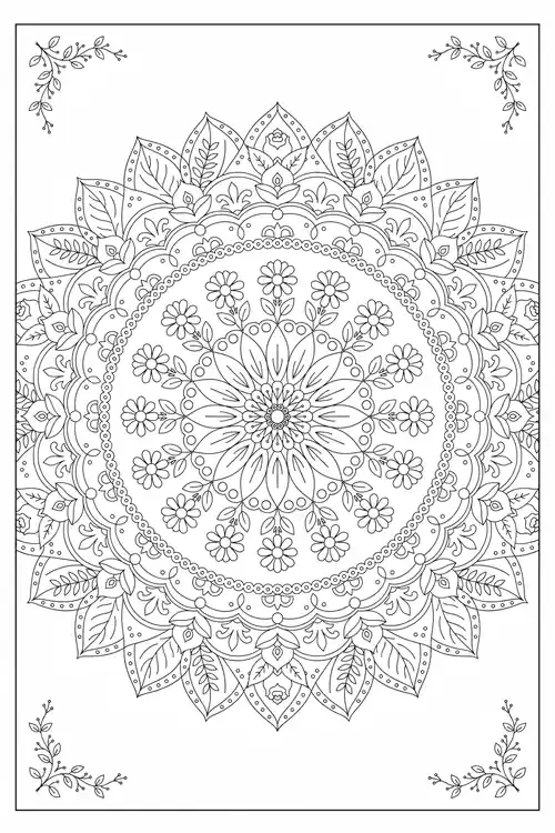 Rectangular-framed mandala with corner leaf sprigs, a pointed petal crown, daisy ring, and radiating starburst floral center.