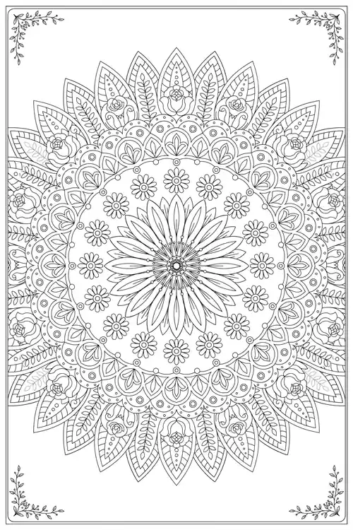 Rectangular-bordered mandala with corner vines and a large radiating aster bloom ringed by small daisies and rosebuds.