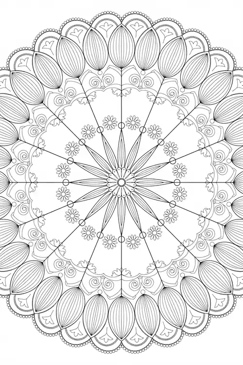 Round lace doily with ribbed teardrop petals fanning from spokes, tiny daisies, and a scalloped beaded outer edge.