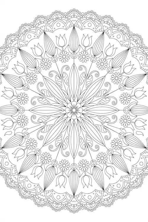 Round doily mandala with tulips and elongated ribbed petals radiating on spokes around a small central blossom.
