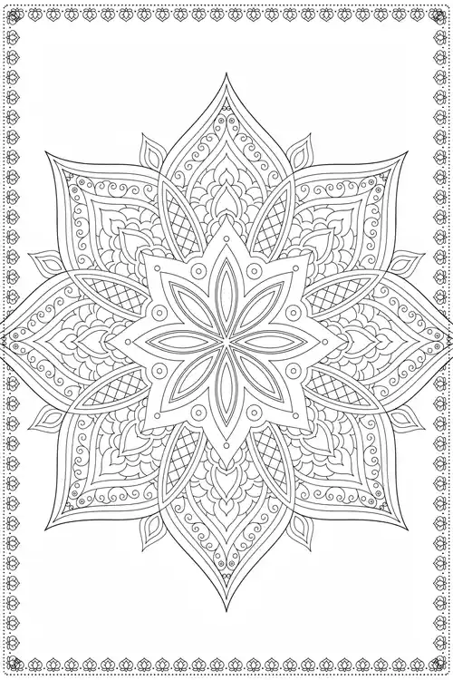 Eight-point starburst mandala set on a diamond of ornate petals with a dotted floral border framing the page.