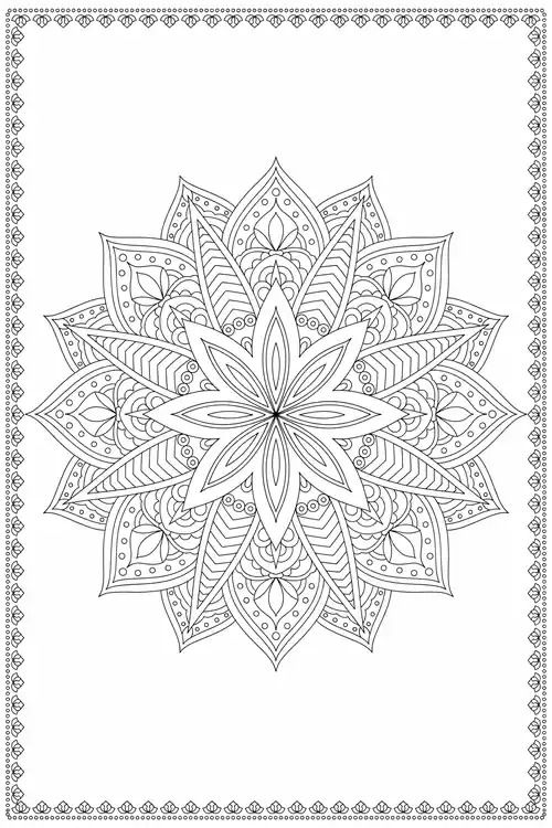 Rounded starburst mandala with chevron-lined petals and dotted rosettes inside a delicate rosebud border frame.
