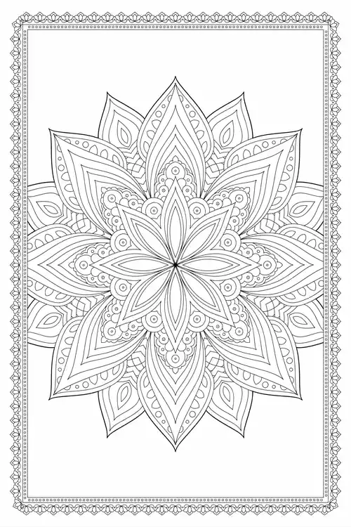 Layered lotus starburst mandala with teardrop petals and dotted florets inside a beaded double-line rectangular frame.