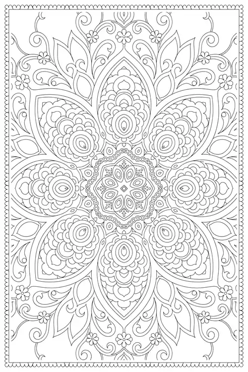 Dense quatrefoil of layered doily flowers with paisley corners and a beaded octagonal center inside a scalloped rectangular frame.
