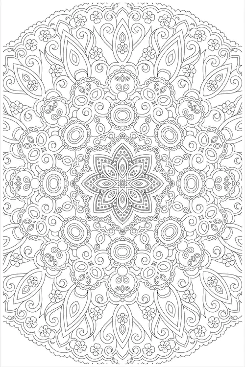 Full-page mandala packed with paisley petals, swirls and doily rosettes around a beaded six-point star flower center.