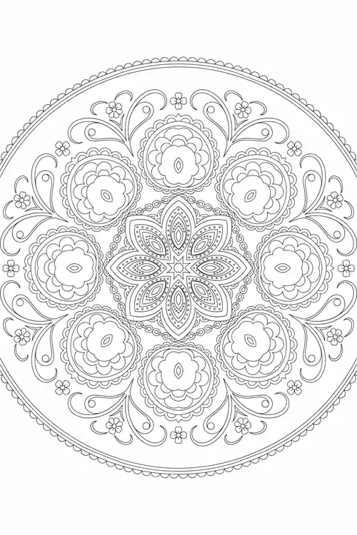 Ring of eight round scalloped flower rosettes with paisley swirls encircling a dotted six-petal star medallion center.