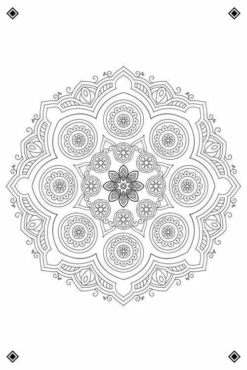 Airy round mandala of flower-filled circular medallions and scrolls with small diamond accents marking the page corners.