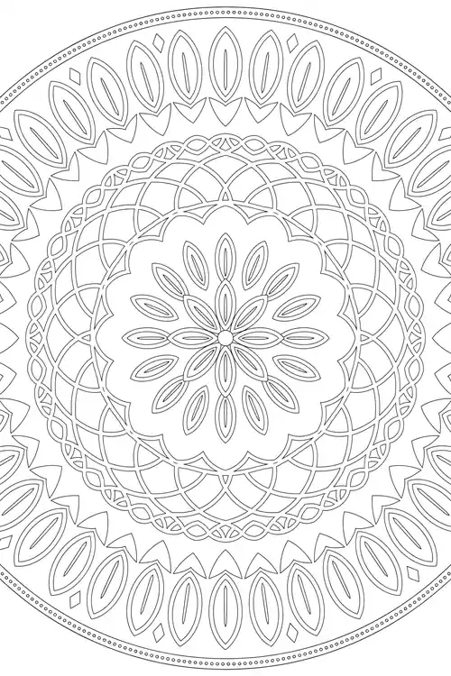 Full-page oval mandala with dotted arc borders, concentric leaf-petal rings, braided chain circle, and a serene six-petal flower center.
