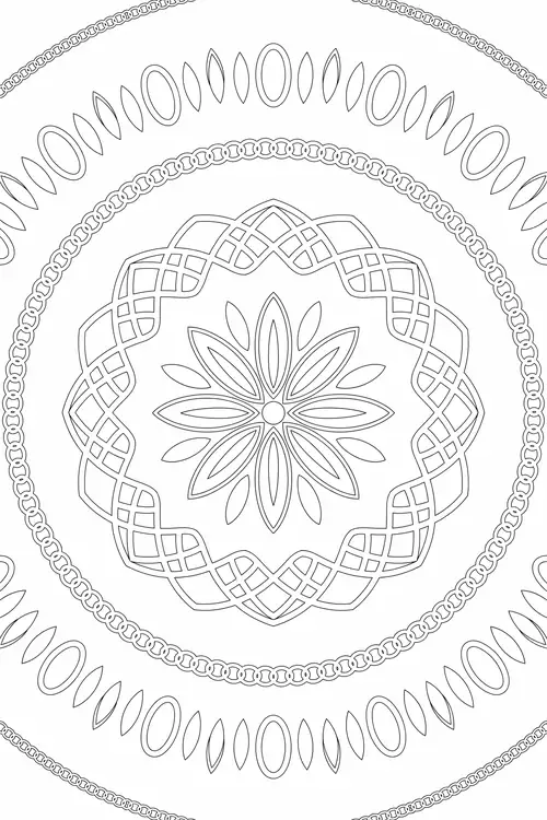 Widely spaced chain-link and beaded circles surround an interlaced lattice band and an open eight-petal daisy bloom at the center.