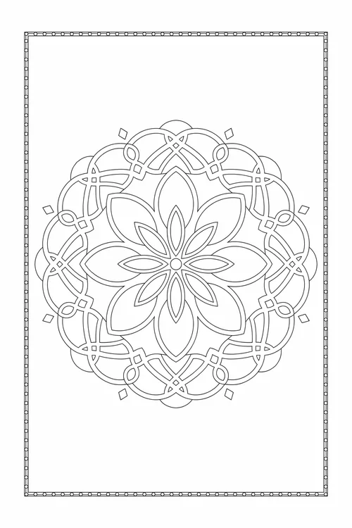 Compact circular knotwork mandala with a layered petal center, floating diamonds, set inside a dotted rectangular page border.