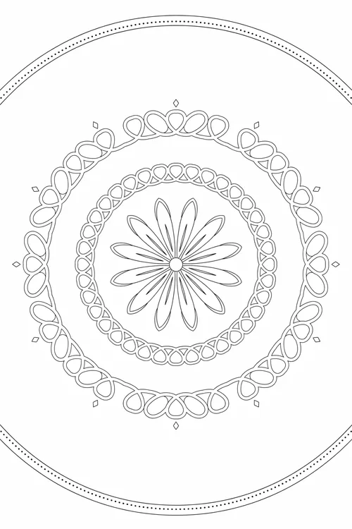 Airy design with thin dotted outer rings, a looping scalloped circle, and a slender many-petaled daisy at the center.