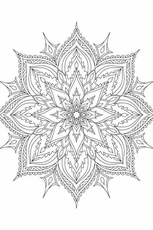Six-pointed snowflake bloom with pointed spikes and intricate henna-style leaf petals radiating from a small star center.