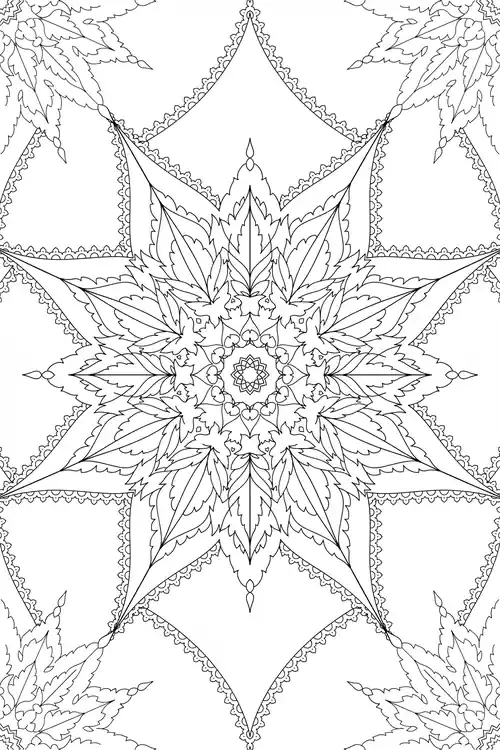 High-contrast eight-point star of jagged leaves stretching to the page edges, with mirrored leaf sprigs tucked in each corner.