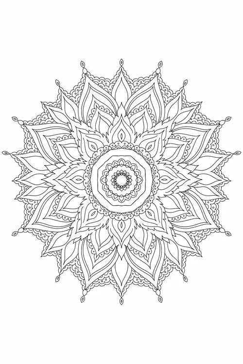Fully round bloom of tiered scalloped petals and pointed leaves circling a detailed octagonal medallion at the center.