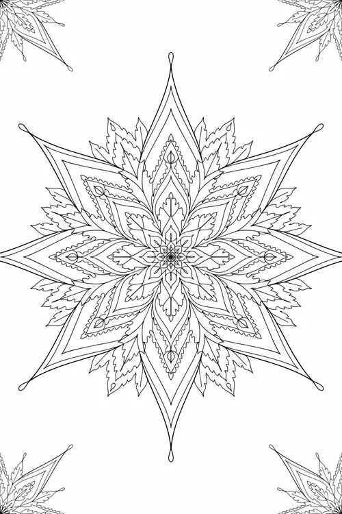 Fine thin-line eight-point star of serrated leaf petals with small diamond leaf motifs marking each page corner.