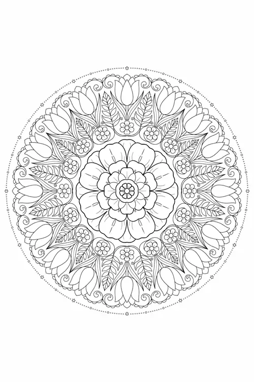Circular spring mandala with radiating tulips and a large layered rose center inside a dotted star outer ring.