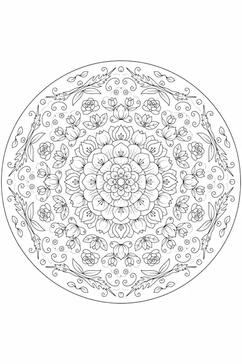 Round mandala of rosebuds, leaves, and feathery corner ferns surrounding a layered camellia bloom at the center.