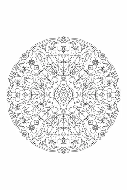 Scalloped round mandala of cherry blossoms and tulips with delicate swirls circling a small layered rosette center.