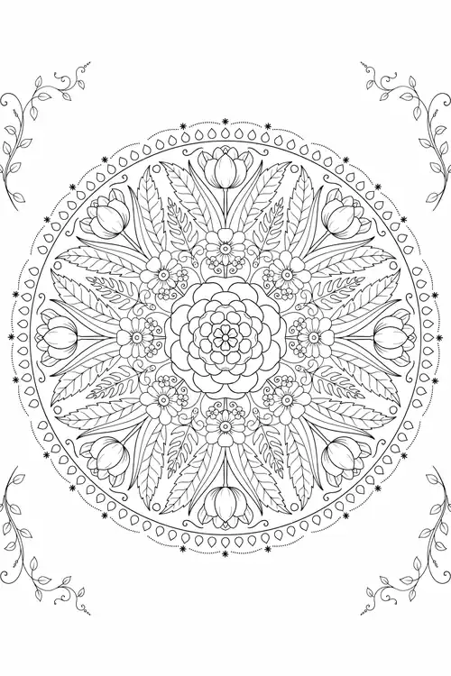 Round spring mandala of tulips and leaves radiating around a dahlia center within a teardrop dotted border and corner vines.