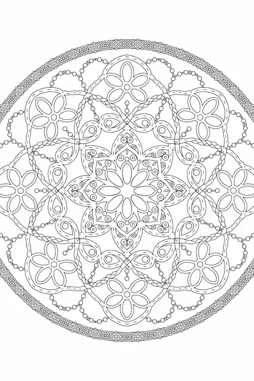 Round mandala of interlocking beaded chain loops and five-petal flowers with a dotted star center and lace diamond border.