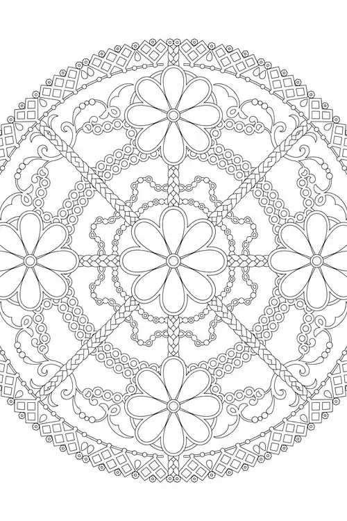 Braided rope loops and beaded chains weave between six-petal daisies inside a square-and-diamond lace outer border.