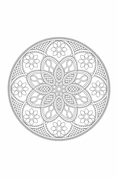 Interlocking oval loops with crosshatched petals and simple daisies arranged in a grid within a scalloped circle border.