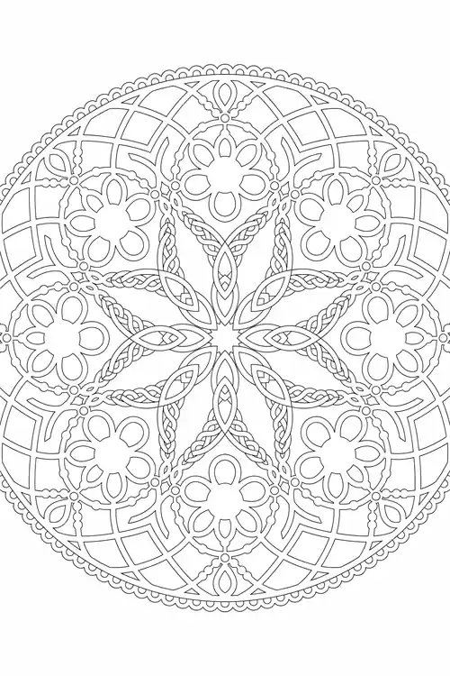 Round lattice-grid background with braided vesica loops, six-petal daisies, and a Celtic knot star at the center.