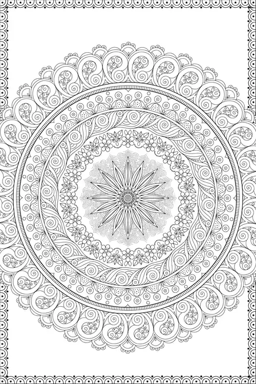 Dotted square border enclosing a swirl-filled circular mandala with a stippled star flower at center.