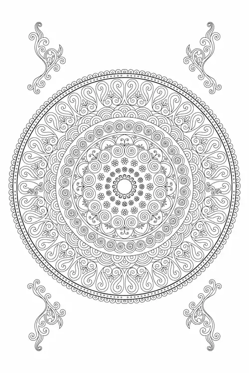 Paisley outer ring and corner scroll flourishes surrounding tight spirals and a central daisy cluster.