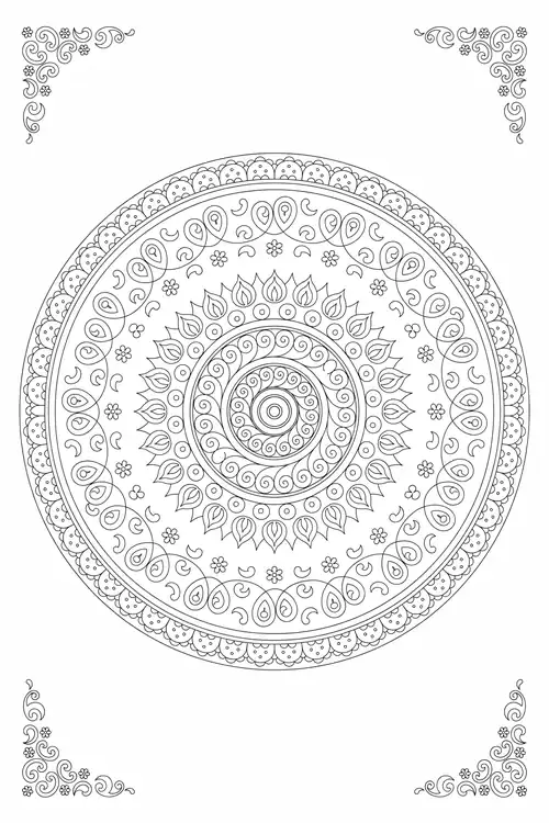 Dense paisley and teardrop rings circling a spiraled rosette center with floral corner flourishes.